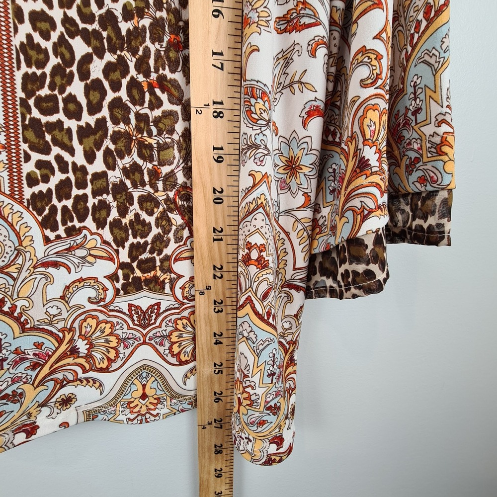 Chico's Leopard Paisley Floral V-Neck Bell Sleeve Tunic Top Brown White Size 1 M - Picture 5 of 8